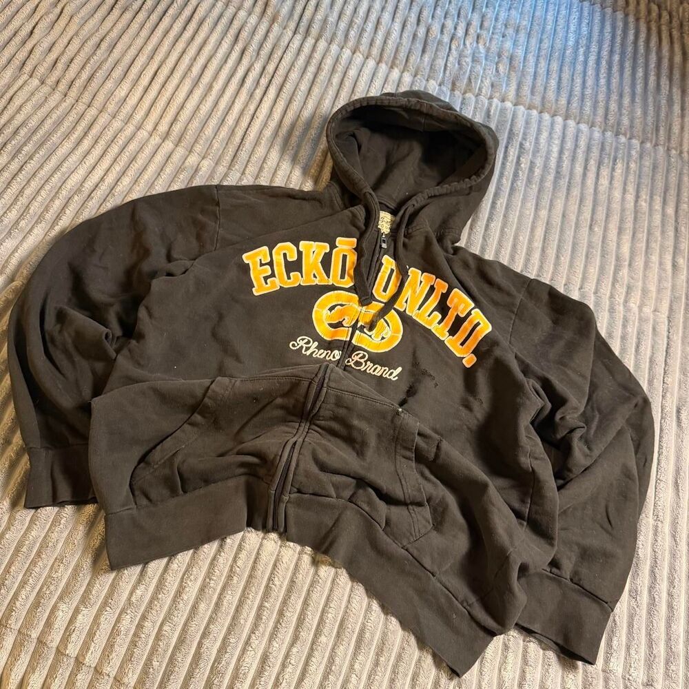 y2k 2000’s Ecko Unltd. Black & Yellow Zip Up Hoodie Distressed and Faded Size XL